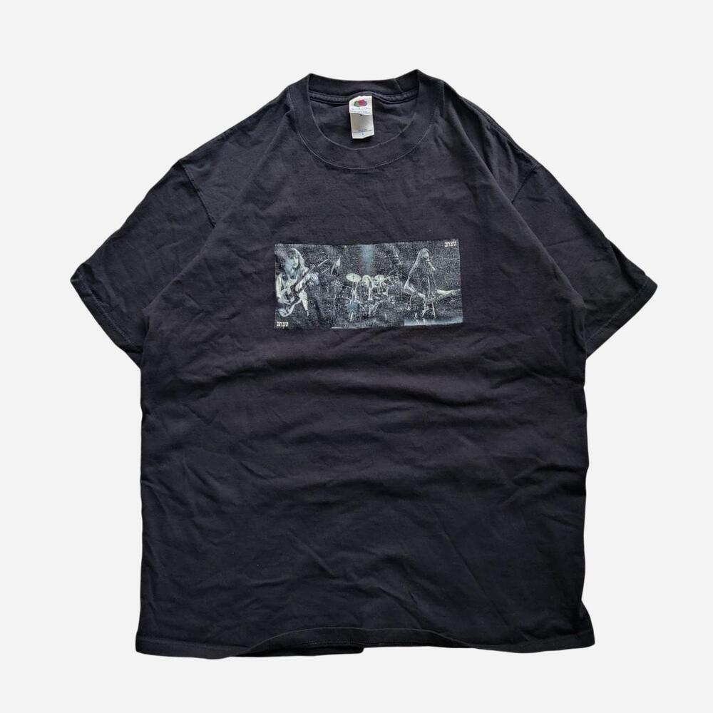 90s Fruit of the Loom Black Cotton T-Shirt with White Graphic of a Band Performi